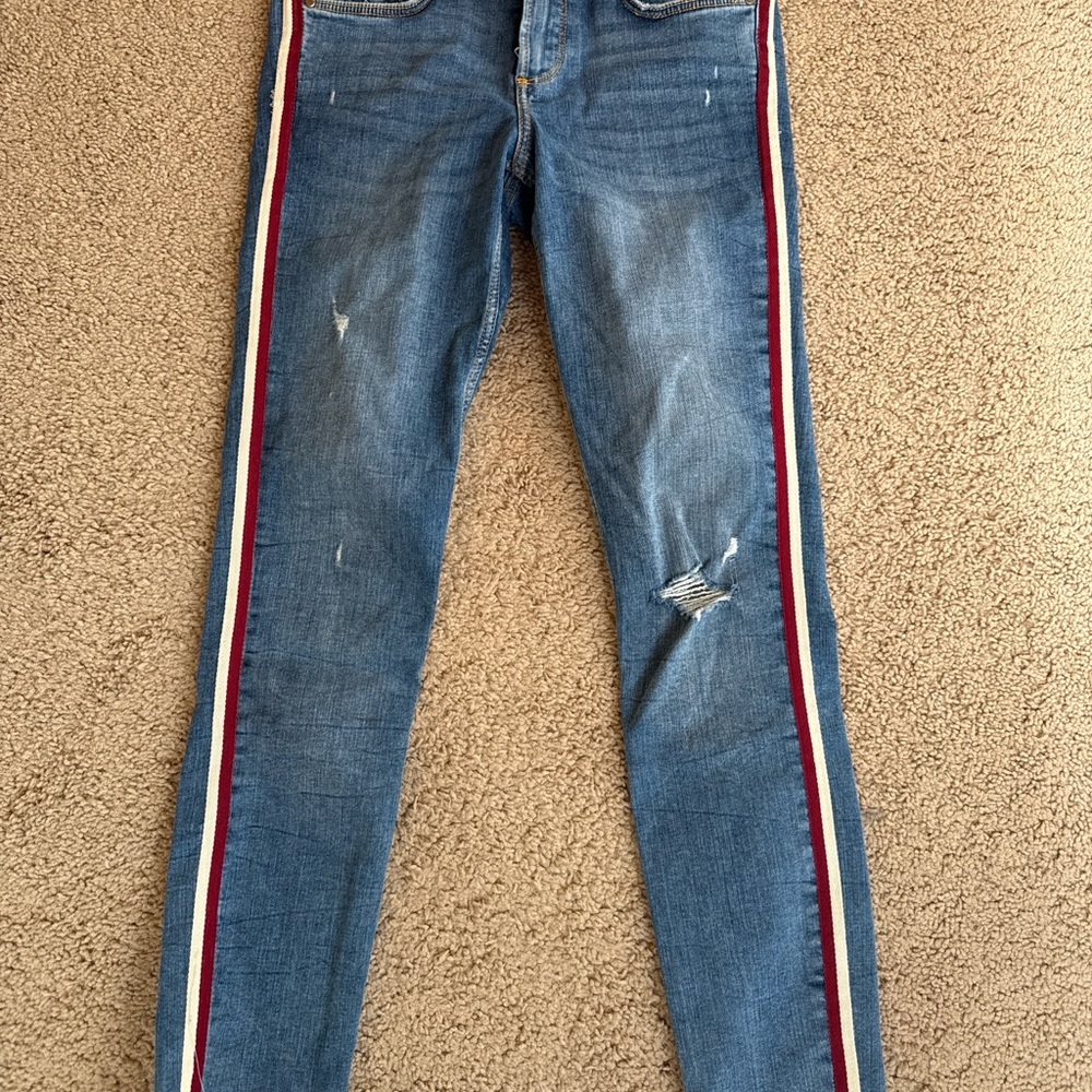 Zara Blue Skinny Jeans with Red and White Stripe